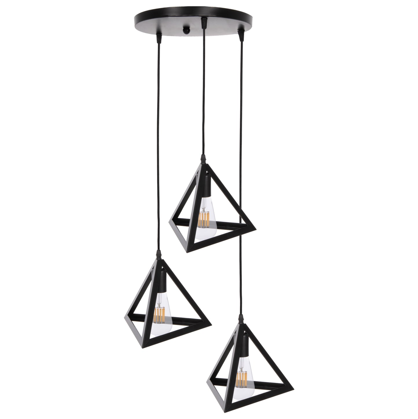 CEILING PENDANT LIGHT 3 BLACK METAL PYRAMID SHADES Φ23x124