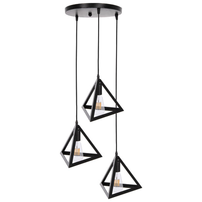 CEILING PENDANT LIGHT 3 BLACK METAL PYRAMID SHADES Φ23x124