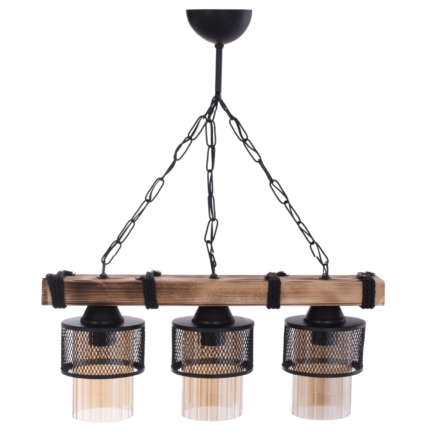 THREE-LIGHT CEILING FIXTURE WITH CHAIN, WOOD, AND METAL SHADES 50x12x60