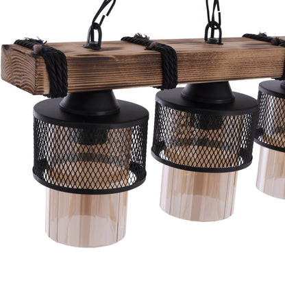 THREE-LIGHT CEILING FIXTURE WITH CHAIN, WOOD, AND METAL SHADES 50x12x60