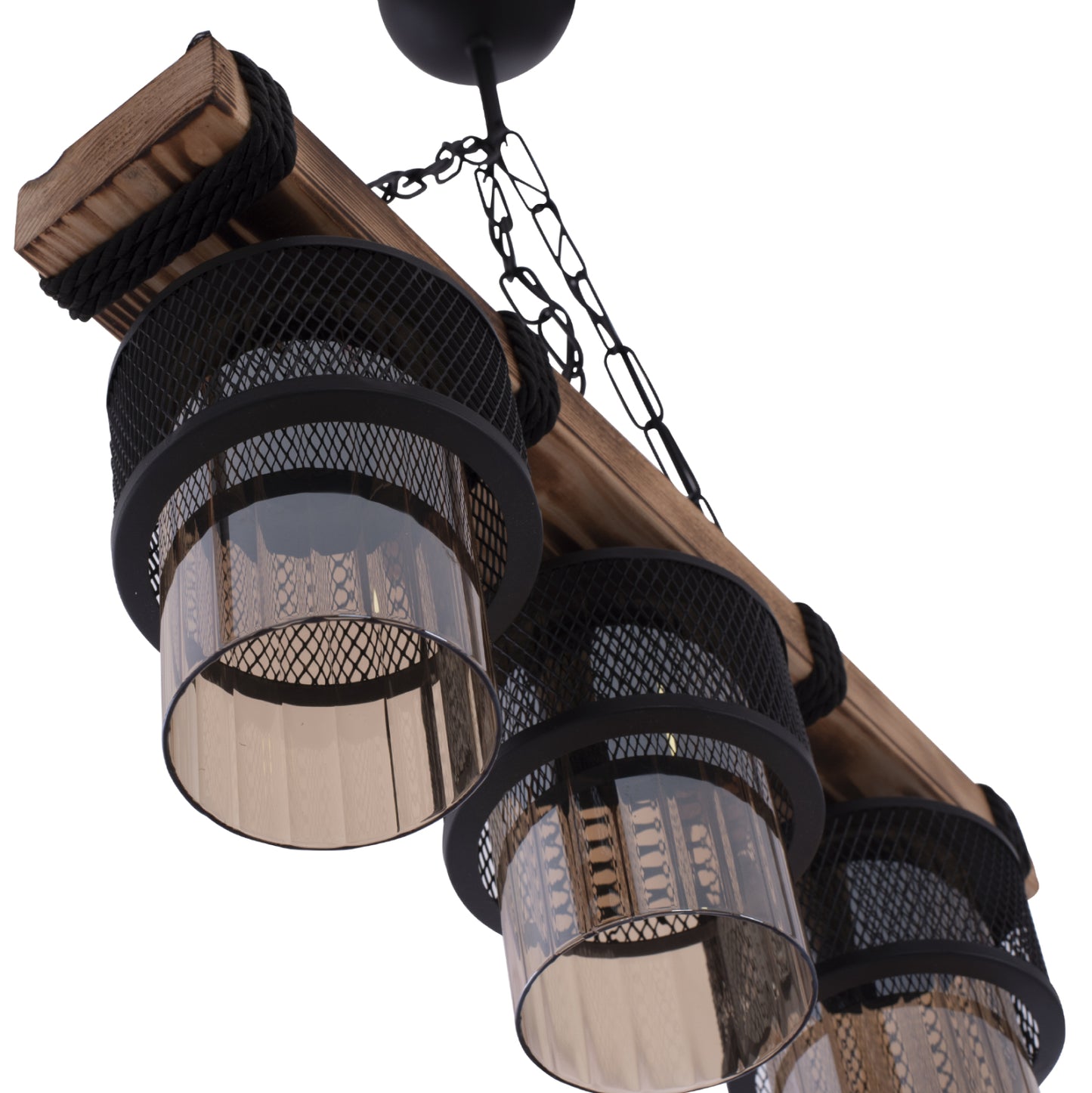 THREE-LIGHT CEILING FIXTURE WITH CHAIN, WOOD, AND METAL SHADES 50x12x60