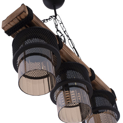 THREE-LIGHT CEILING FIXTURE WITH CHAIN, WOOD, AND METAL SHADES 50x12x60