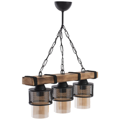 THREE-LIGHT CEILING FIXTURE WITH CHAIN, WOOD, AND METAL SHADES 50x12x60