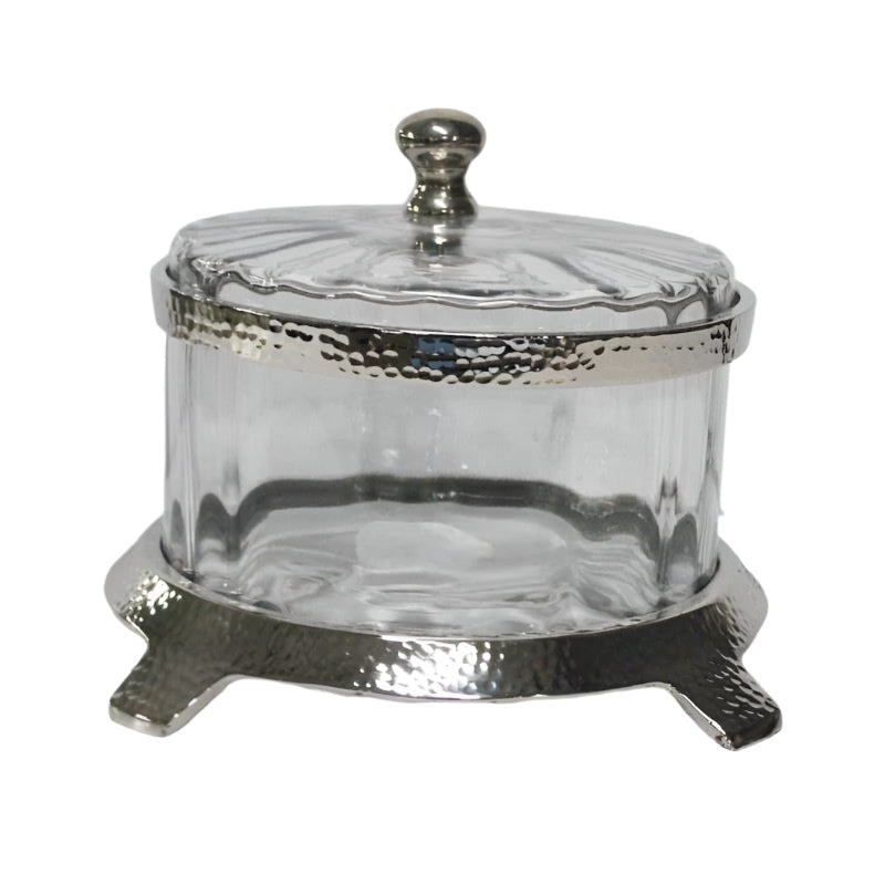 Φοντανιέρα Γυάλινη με Καπάκι & Μεταλλική Ασημί Βάση 20x20x15