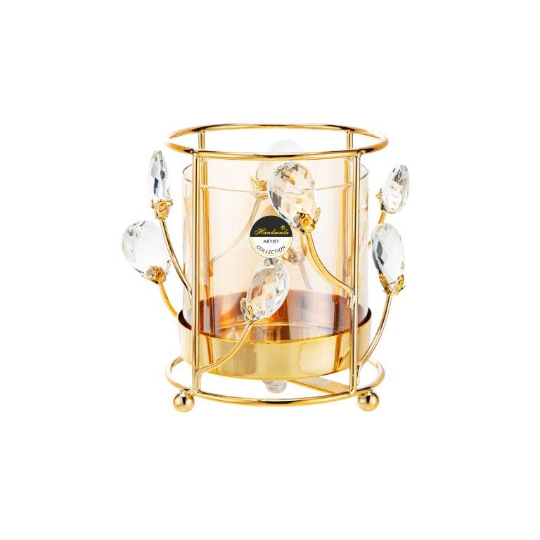 Κηροπήγιο Γυάλινο/Μέταλλο με Xρυσές Διακοσμητικές Διακλαδώσεις 11.8x11.8x14