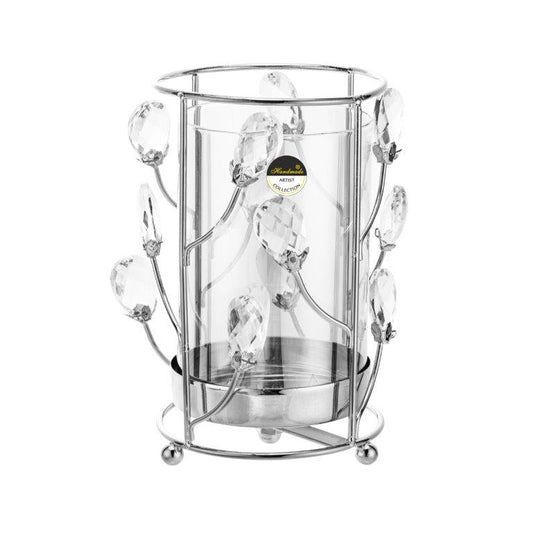 Κηροπήγιο Γυάλινο/Μέταλλο με Ασημί Διακοσμητικές Διακλαδώσεις 11.8x11.8x19.2