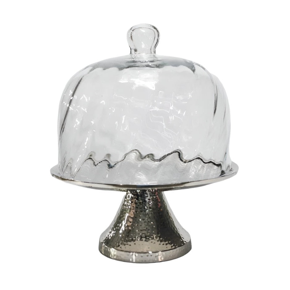 Τουρτιέρα Μεταλλική με Καπάκι Γυάλινο & Πόδι Ασημί 23x23x19