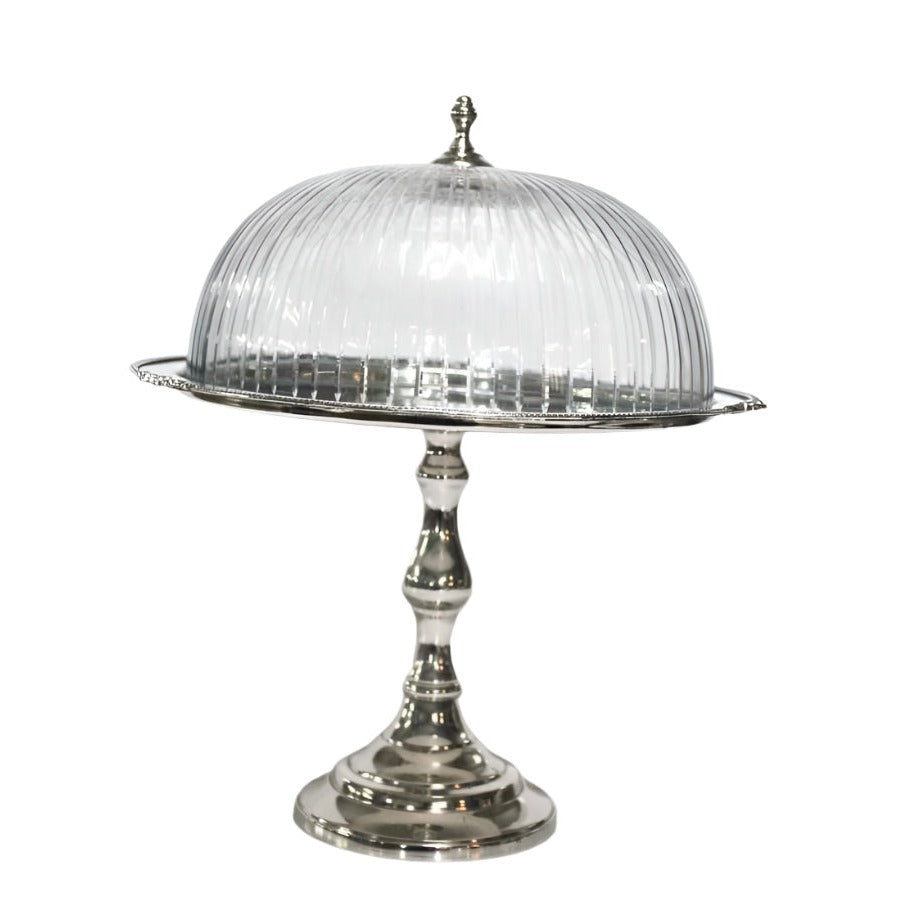 Τουρτιέρα Μεταλλική με Καπάκι Γυάλινο & Πόδι Ασημί 25.5x25.5x30.5