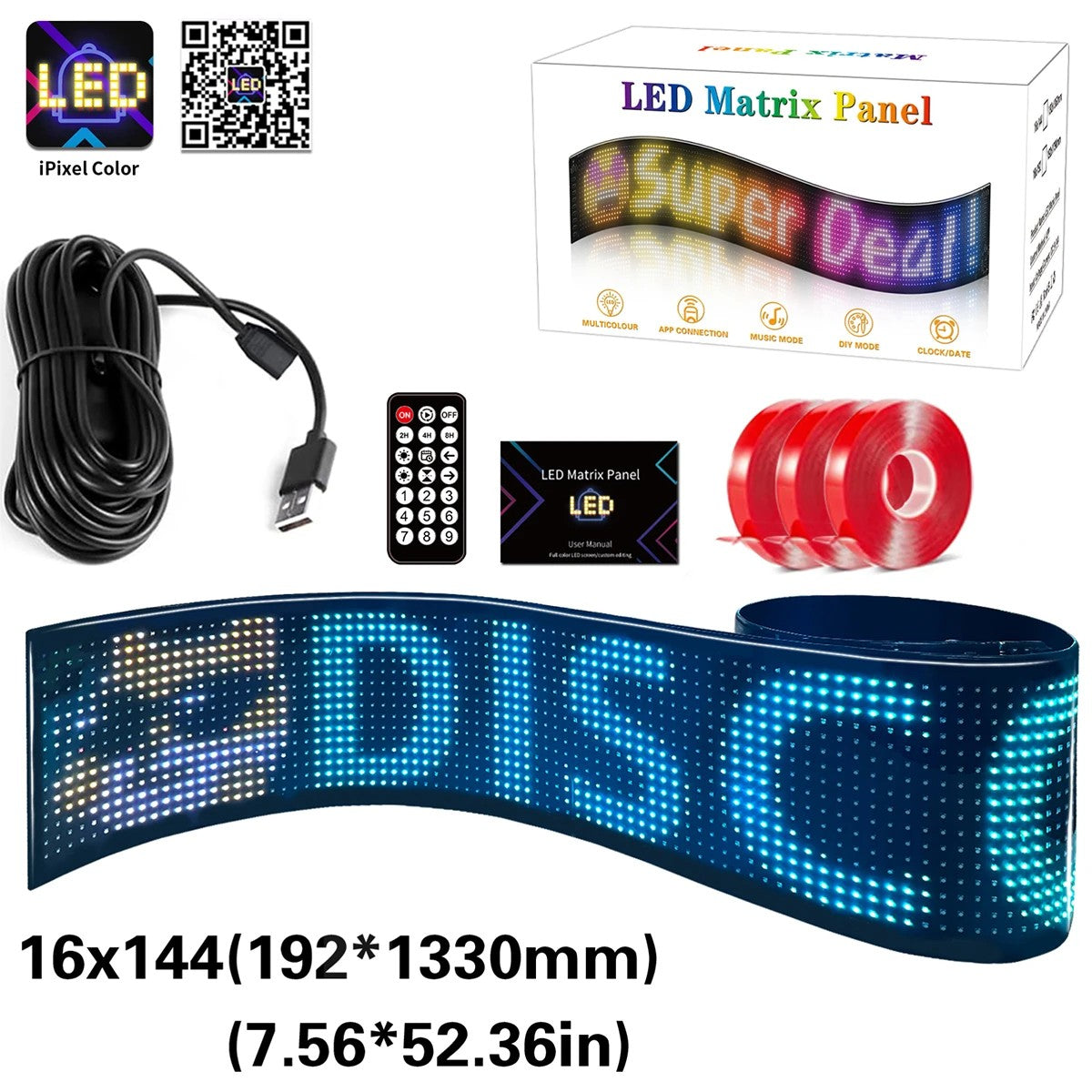 MATRIX GLB-106-0004 Εύκαμπτη Κυλιόμενη Ψηφιακή Επιγραφή P9 144x16 Pixel LED 10W DC 5V 2A με USB 2.0 Αδιάβροχο IP65 Πολύχρωμο RGB - Bluetooth Control μέσω iPIXEL APP - Μ133 x Π0.4 x Υ19.2