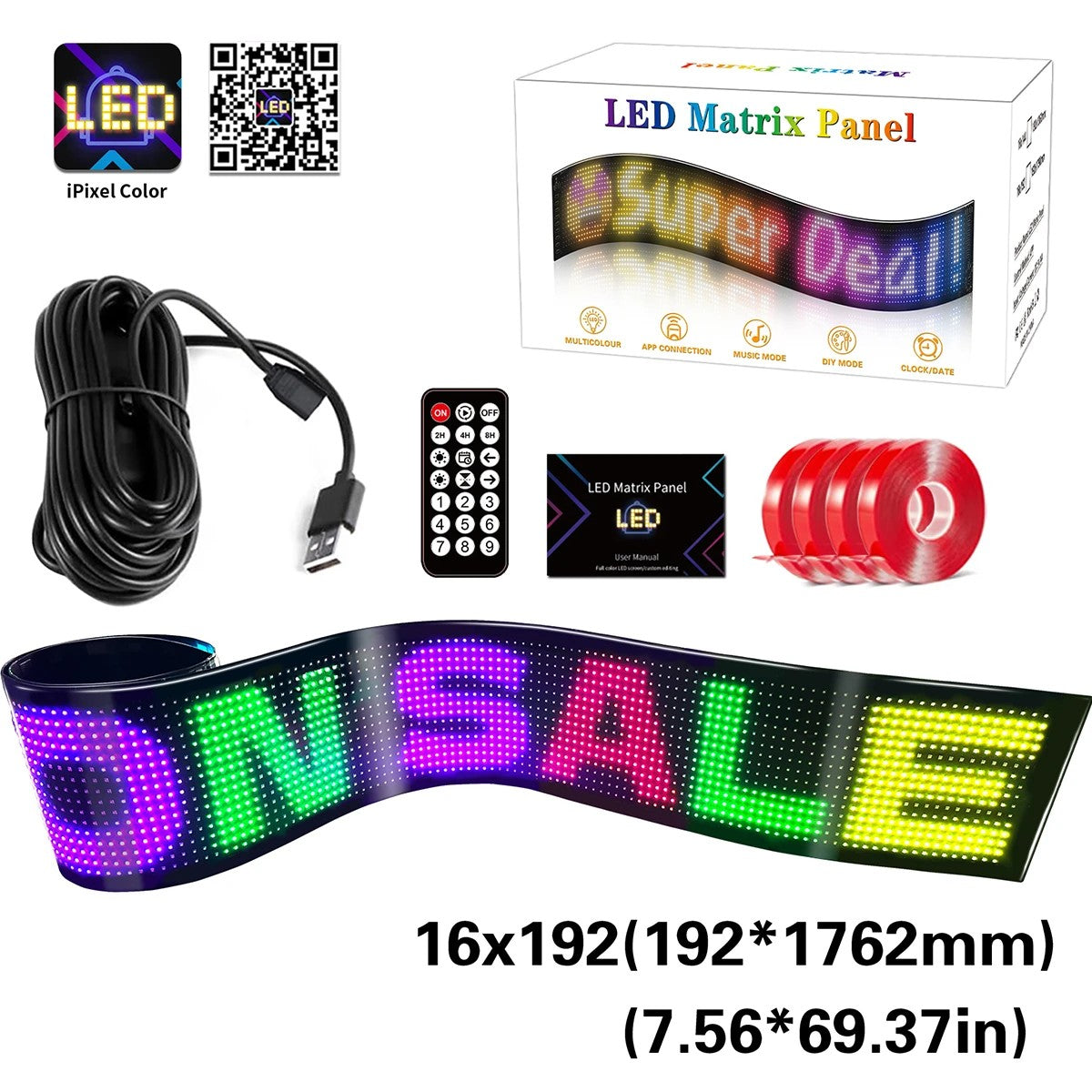 MATRIX GLB-106-0005 Εύκαμπτη Κυλιόμενη Ψηφιακή Επιγραφή P9 192x16 Pixel LED 10W DC 5V 2A με USB 2.0 Αδιάβροχο IP65 Πολύχρωμο RGB - Bluetooth Control μέσω iPIXEL APP - Μ176.2 x Π0.4 x Υ19.2