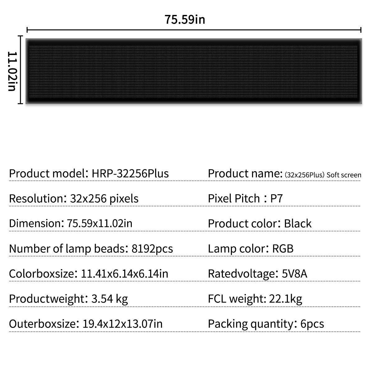 MATRIX GLB-106-0013 Εύκαμπτη Κυλιόμενη Ψηφιακή Επιγραφή P7 256x32 Pixel LED 40W AC 220-240V Αδιάβροχο IP65 Πολύχρωμο RGB - Bluetooth Control μέσω iPIXEL APP - Μ192 x Π0.4 x Υ28
