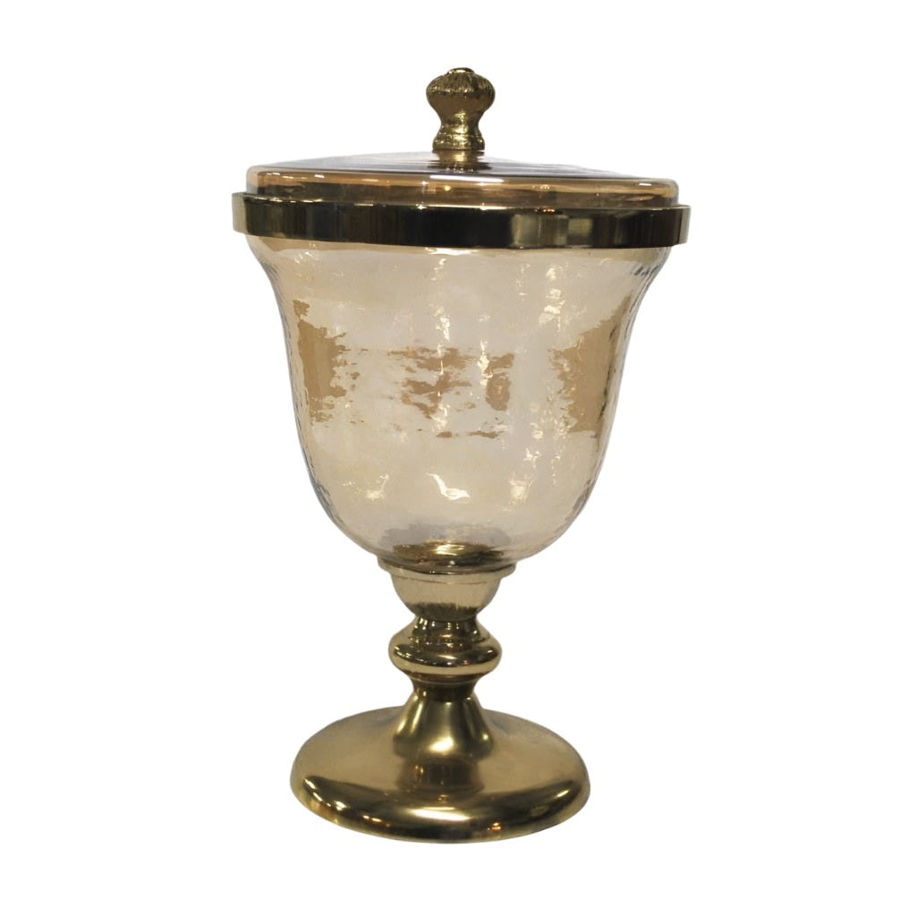 Διακοσμητική Μελί Γυάλινη Φοντανιέρα με Χρυσό Μεταλλικό Καπάκι και Αντικέ Πόδι 15x15x27