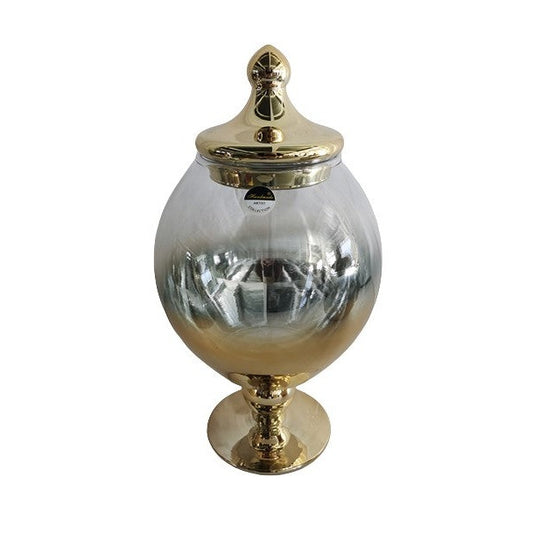 Γυάλινο Διακοσμητικό Τζαρ με Πόδι και Καπάκι Διάφανο/Χρυσό 18x18x29