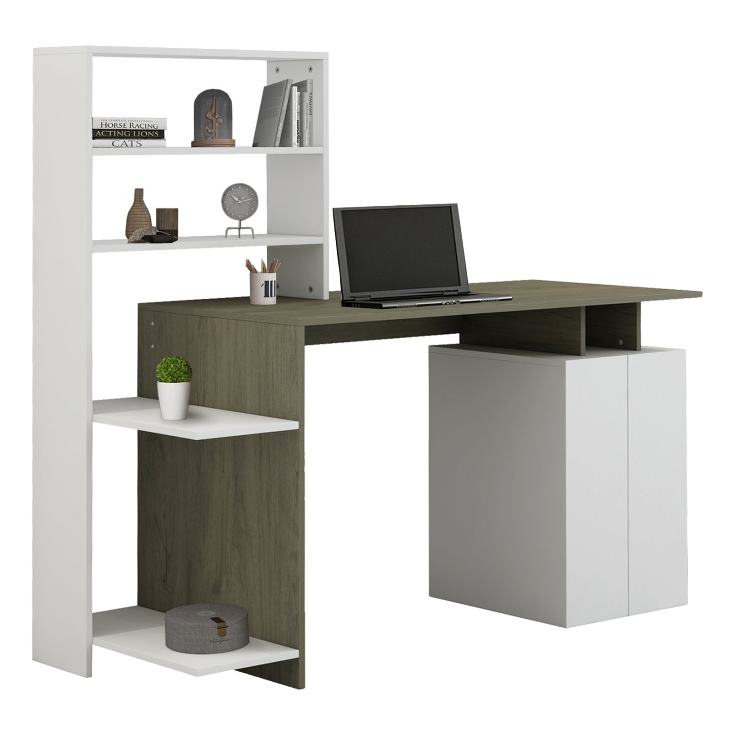 ΓΡΑΦΕΙΟ ΜΕ ΒΙΒΛΙΟΘΗΚΗ ROCHELL ΜΕΛΑΜΙΝΗ OLIVE GREY ΛΕΥΚΟ 146,3x55x128,8
