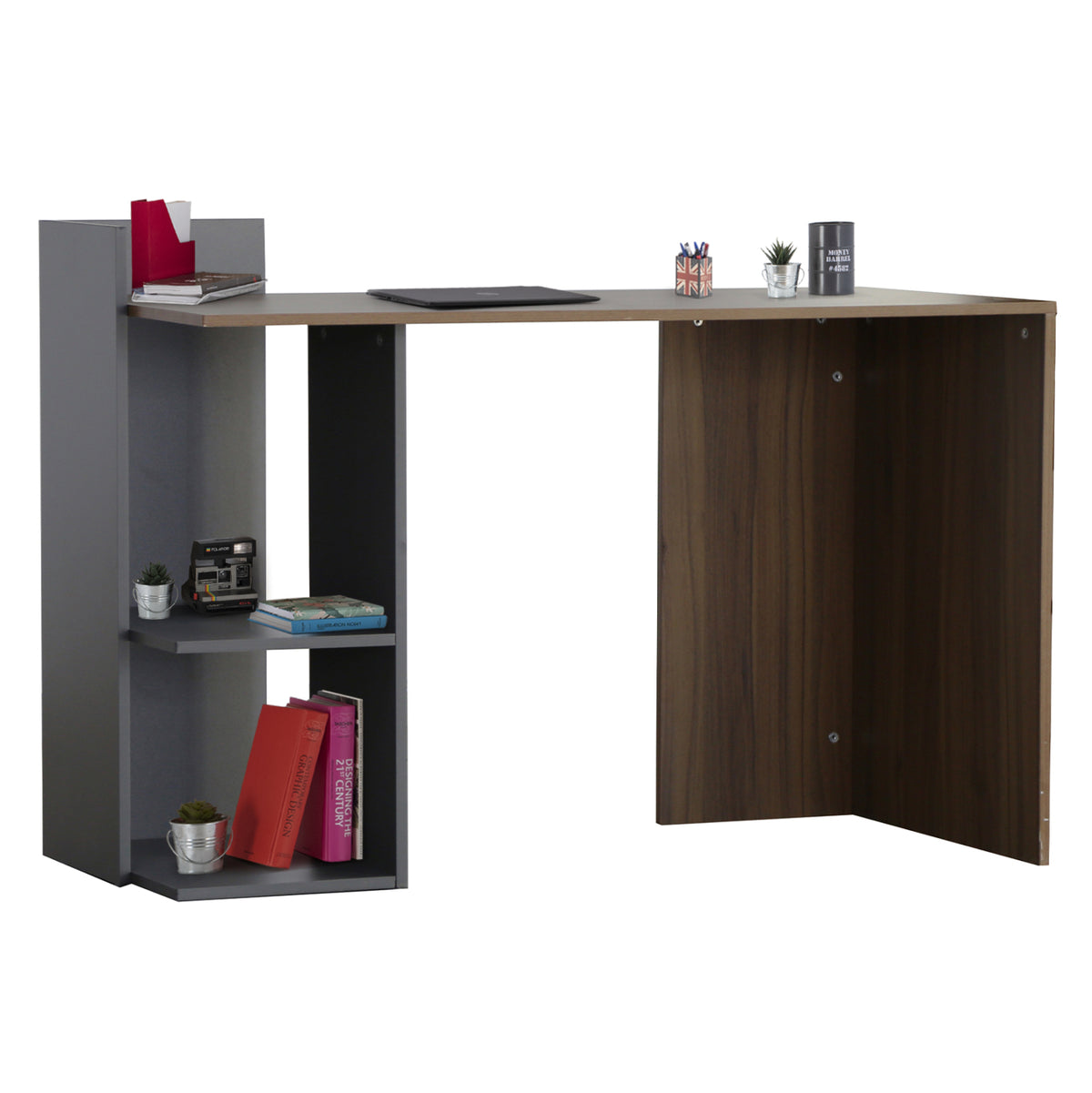 SYNDYA MELAMINE DESK WITH SHELVES WALNUT GREY 112x55x85