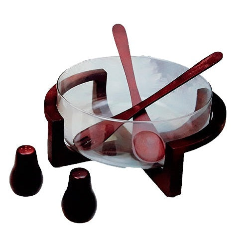 Σαλατιέρα Γυάλινη με Σετ Σερβιρίσματος σε Ξύλινη Βάση 24x24x13