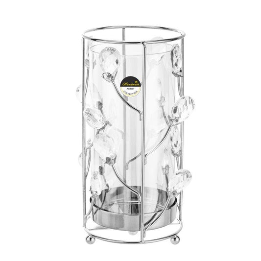 Κηροπήγιο Γυάλινο/Μέταλλο με Ασημί Διακοσμητικές Διακλαδώσεις 11.8x11.8x24