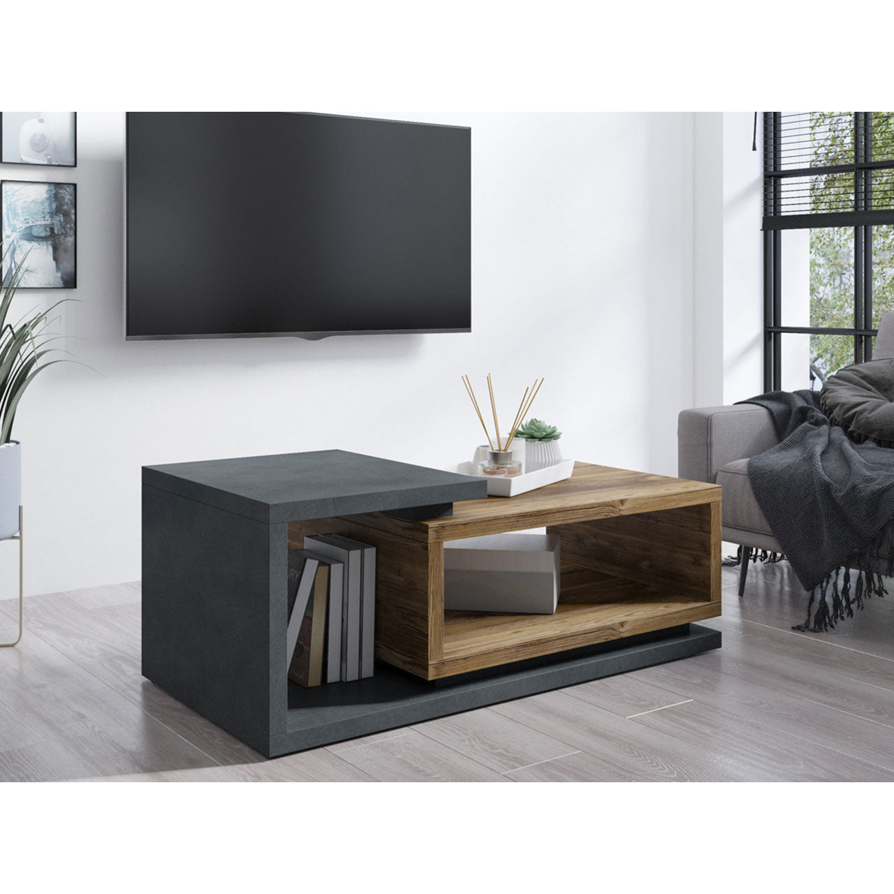 Τραπεζάκι Σαλονιού Bron Plus Γκρι-Λευκό 120x60x40