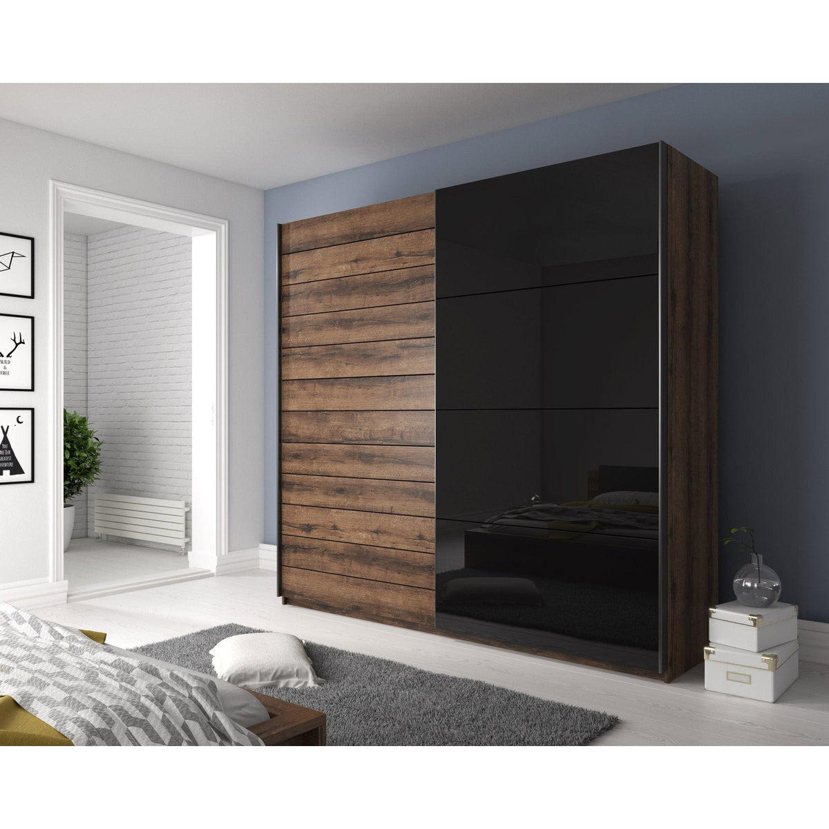 Kappa Sliding Wardrobe Walnut - Black 220x61x210
