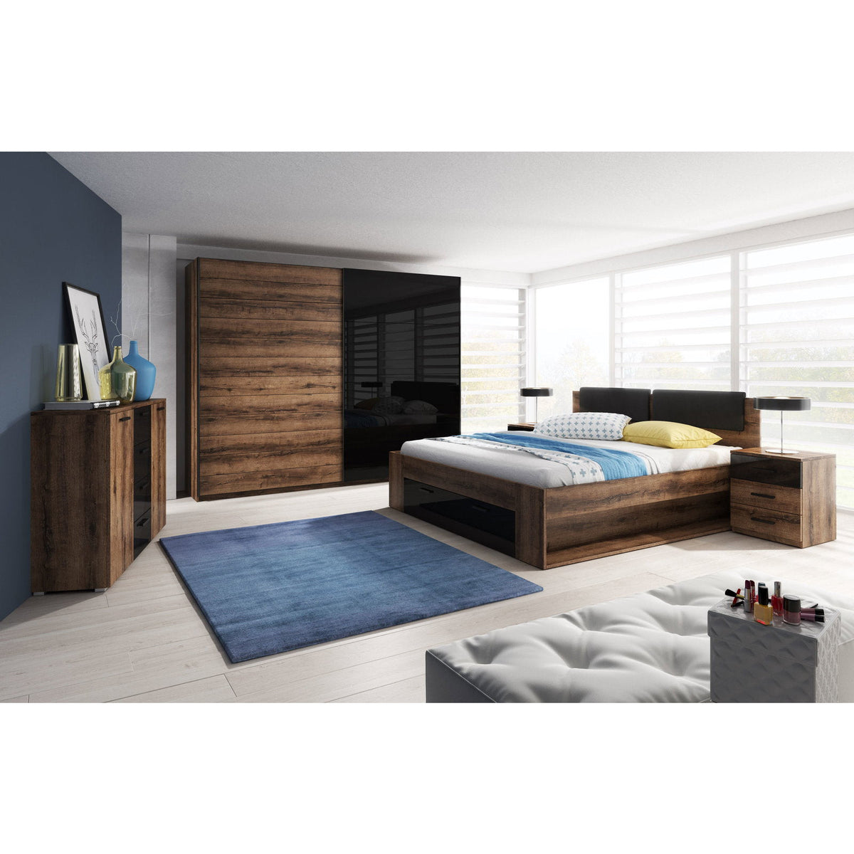 Kappa Sliding Wardrobe Walnut - Black 220x61x210