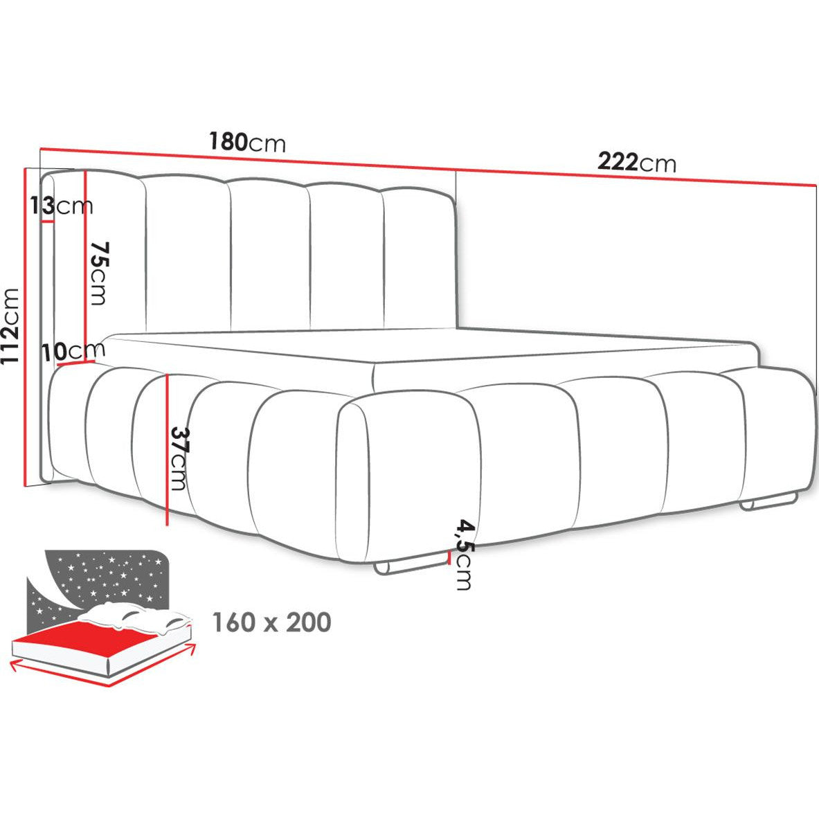 Wizko Upholstered Bed Gray 180x222x112