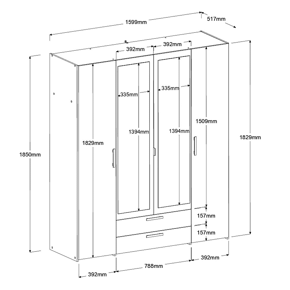 Ντουλάπα Dorm Τετράφυλλη με Καθρέπτη Λευκό 159.9x51.7x185