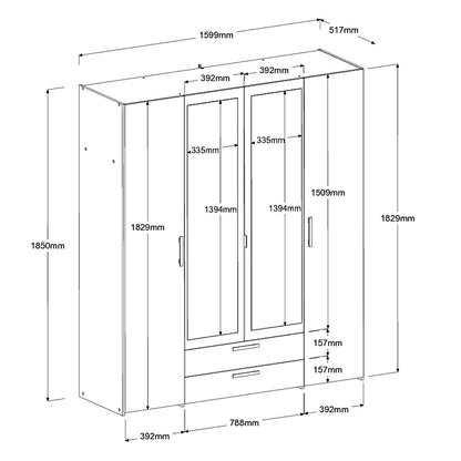 Ντουλάπα Dorm Τετράφυλλη με Καθρέπτη Λευκό 159.9x51.7x185