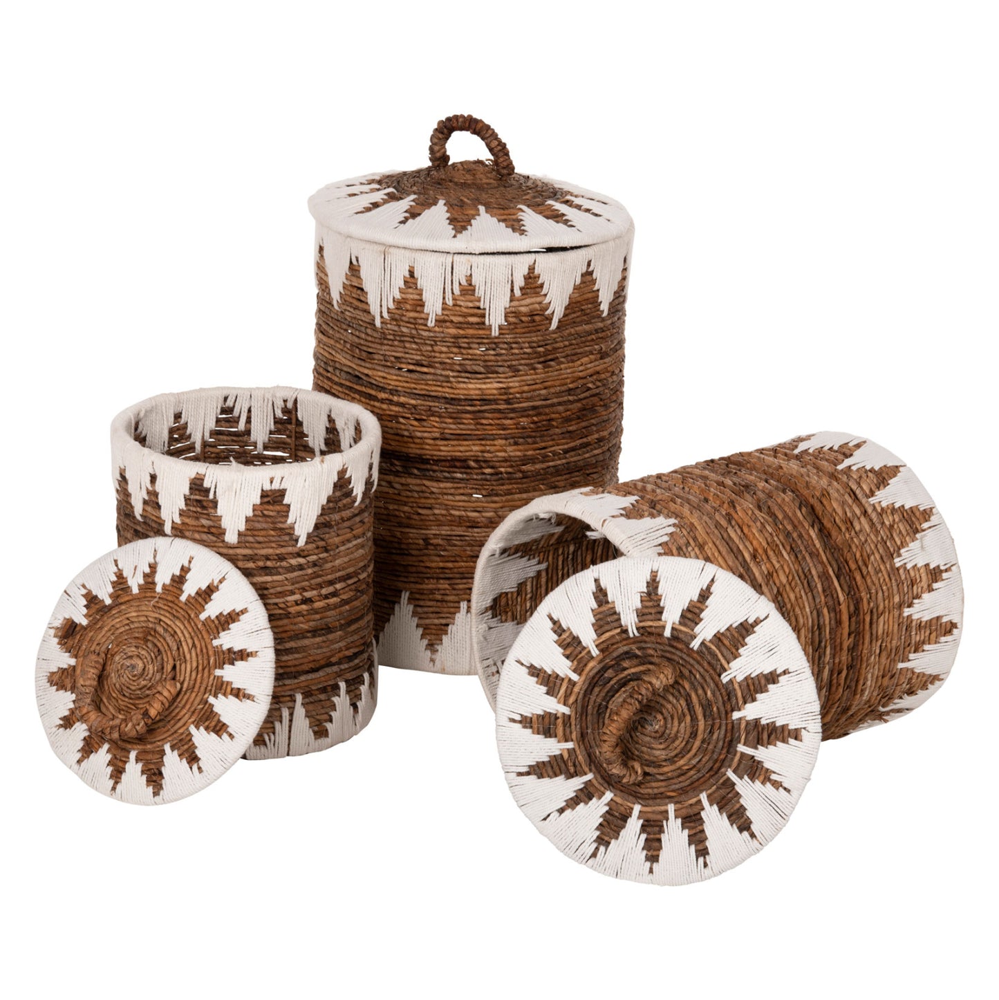 ROUND WICKER BASKETS WITH LID SET OF 3 PCS IN NATURAL WHITE Φ42x63