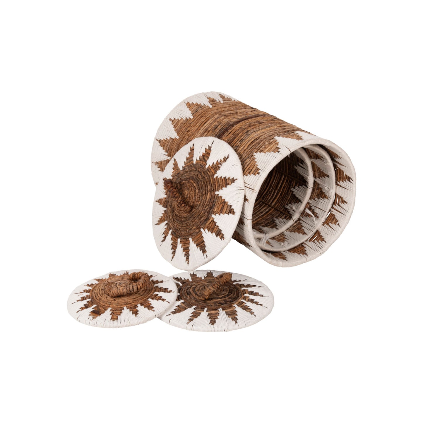 ROUND WICKER BASKETS WITH LID SET OF 3 PCS IN NATURAL WHITE Φ42x63
