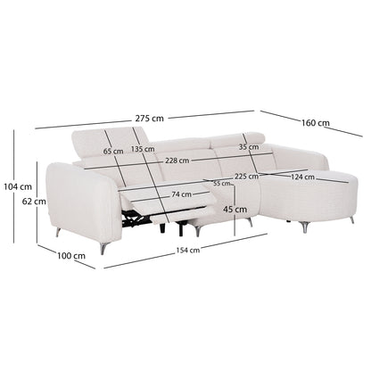 ΚΑΝΑΠΕΣ ΔΕΞΙΑ ΓΩΝΙΑ 3Θ ΜΕ RECLINE VALENTE ΜΠΕΖ ΥΦΑΣΜΑ 275x160x104