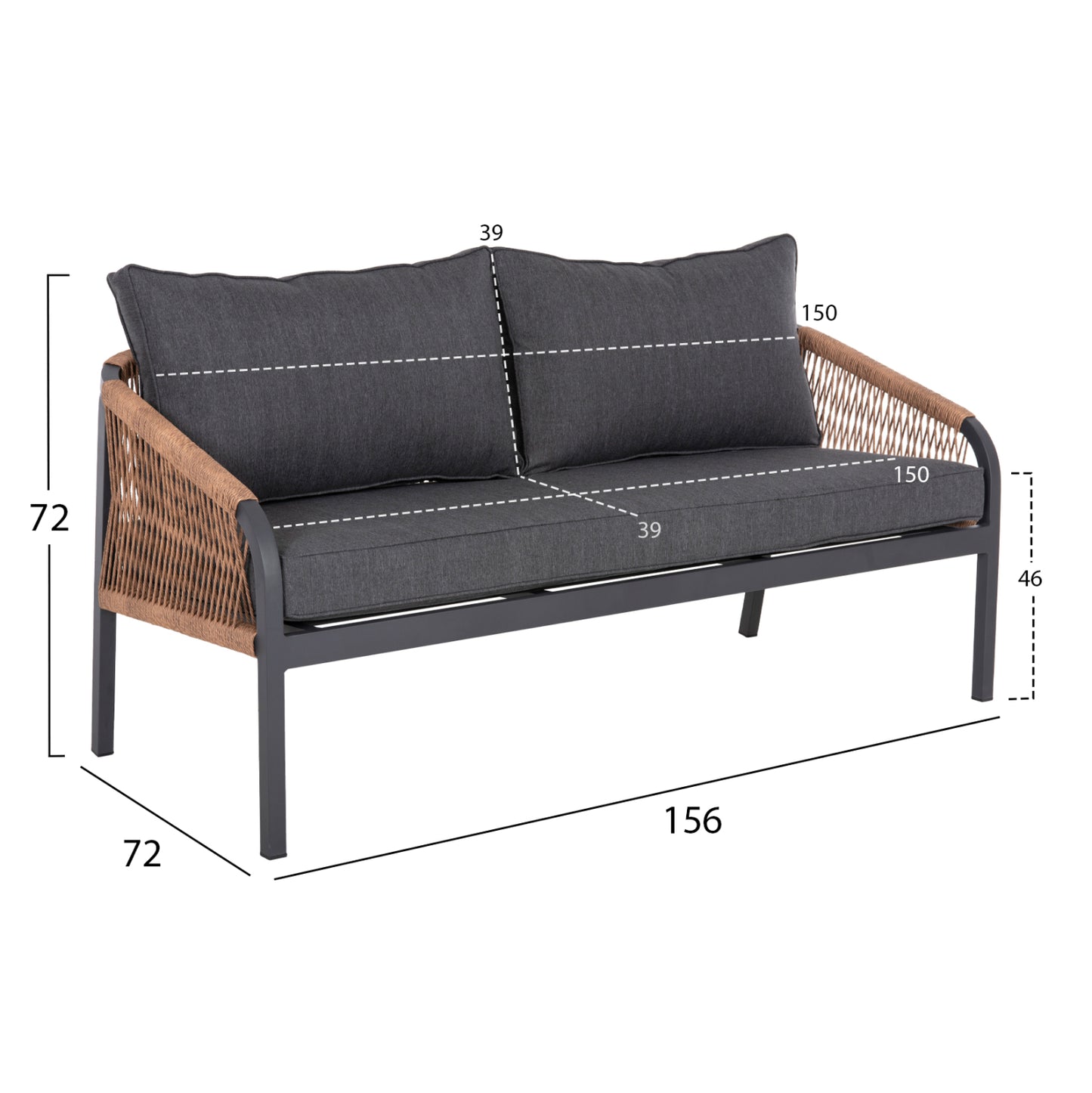 SOFA OUTDOOR 3-SEATER MAERLY ALUMINUM CHARCOAL ROPE CHARCOAL CUSHIONS