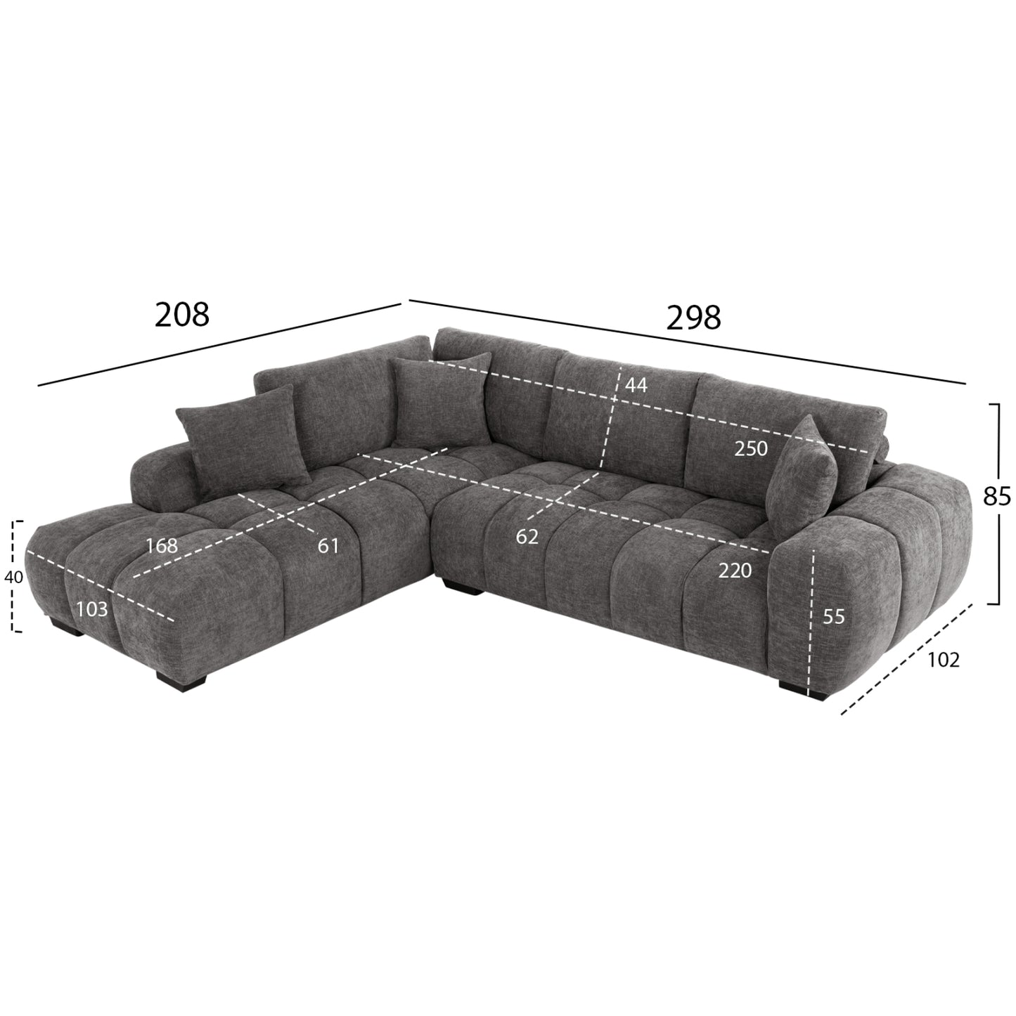 CORNER SOFA LEFT COVEN DARK GREY FABRIC 298x102-208x85