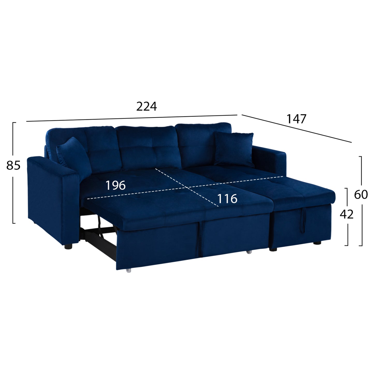 ΚΑΝΑΠΕΣ ΓΩΝΙΑ ΚΡΕΒΑΤΙ WAYNE ΒΕΛΟΥΔΟ ΜΠΛΕ 224x147x85