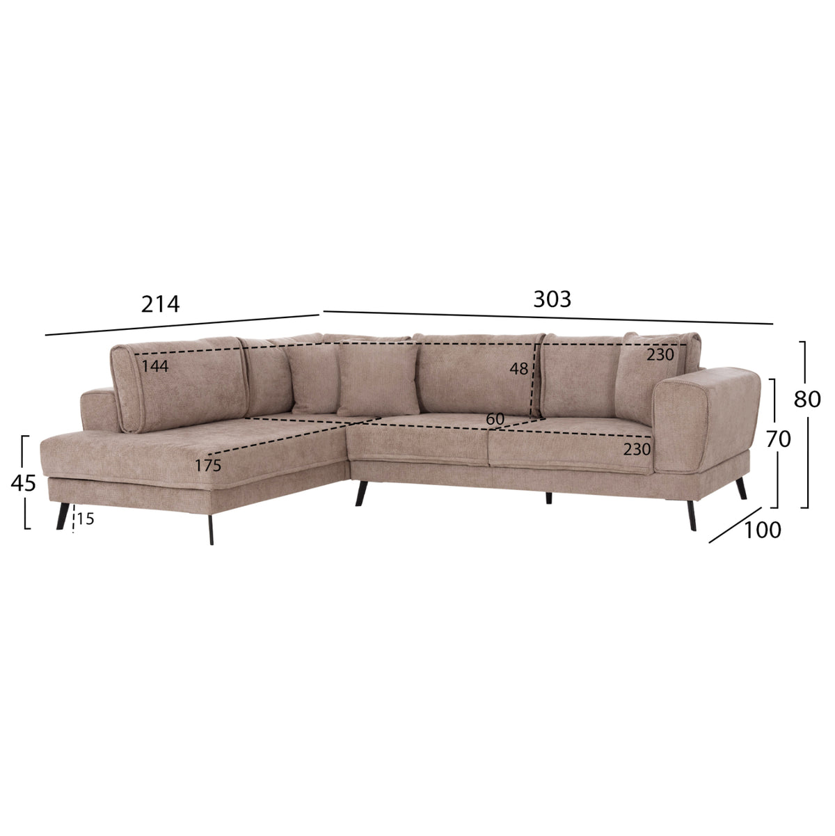 ZENORA LEFT CORNER SOFA BED BEIGE FABRIC 303x214x80