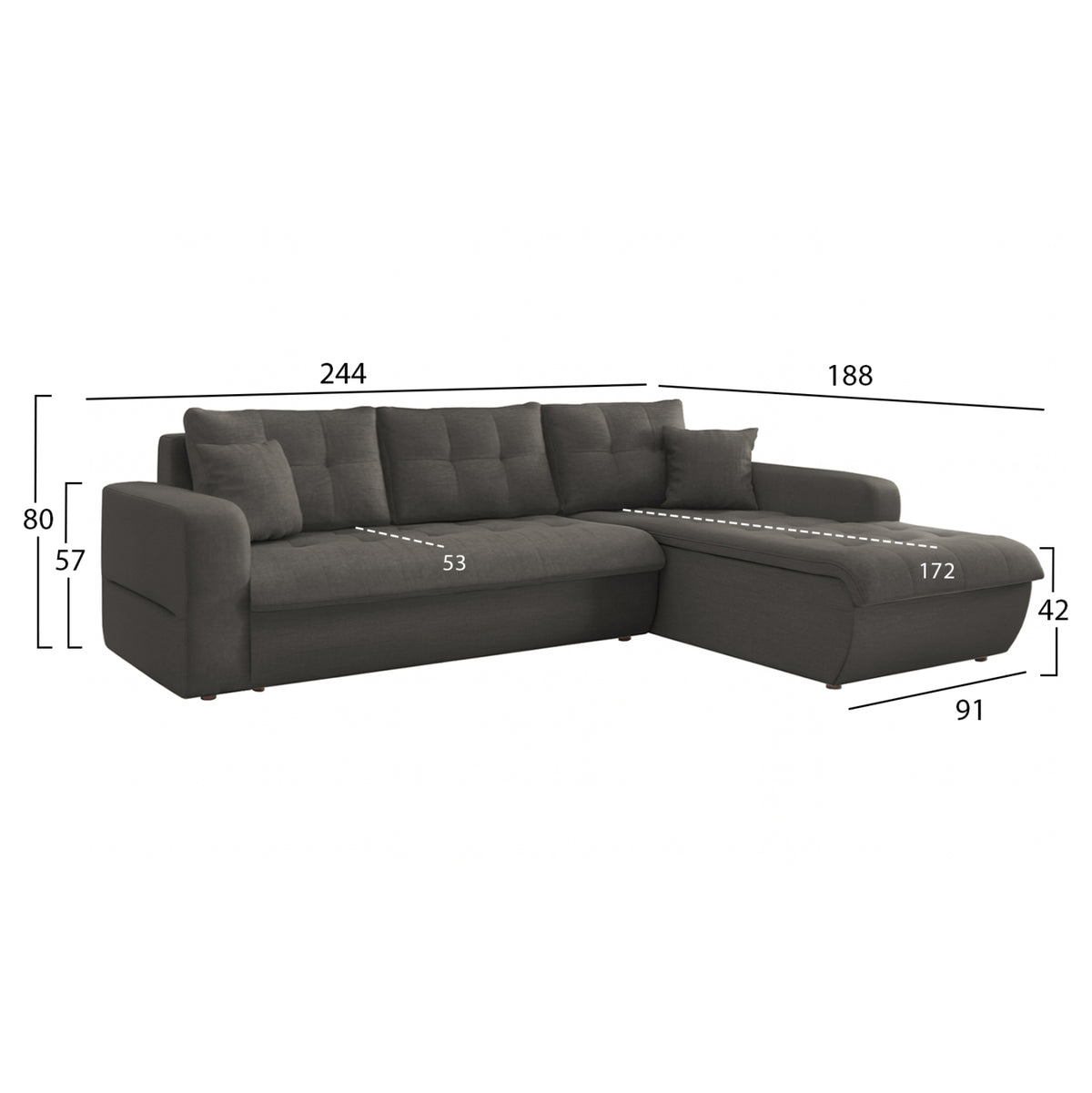 KANSO RIGHT CORNER SOFA BED GREY FABRIC 244x188x80