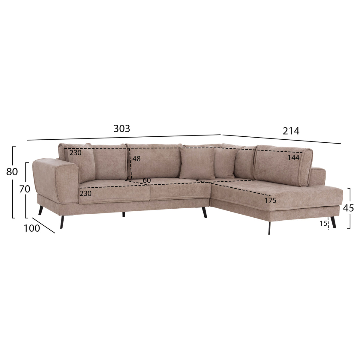 ZENORA RIGHT CORNER SOFA BED BEIGE FABRIC 303x214x80