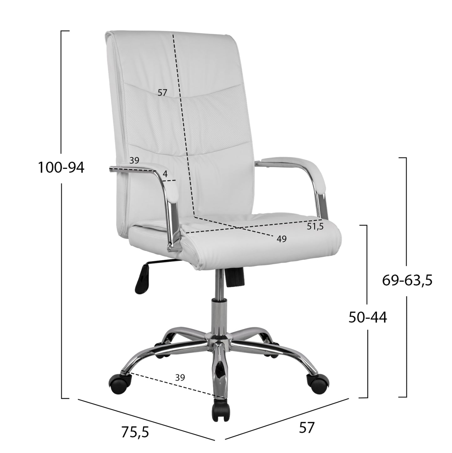 EXECUTIVE OFFICE CHAIR WHITE WITH CHROME BASE JACOB 57x75.5x100