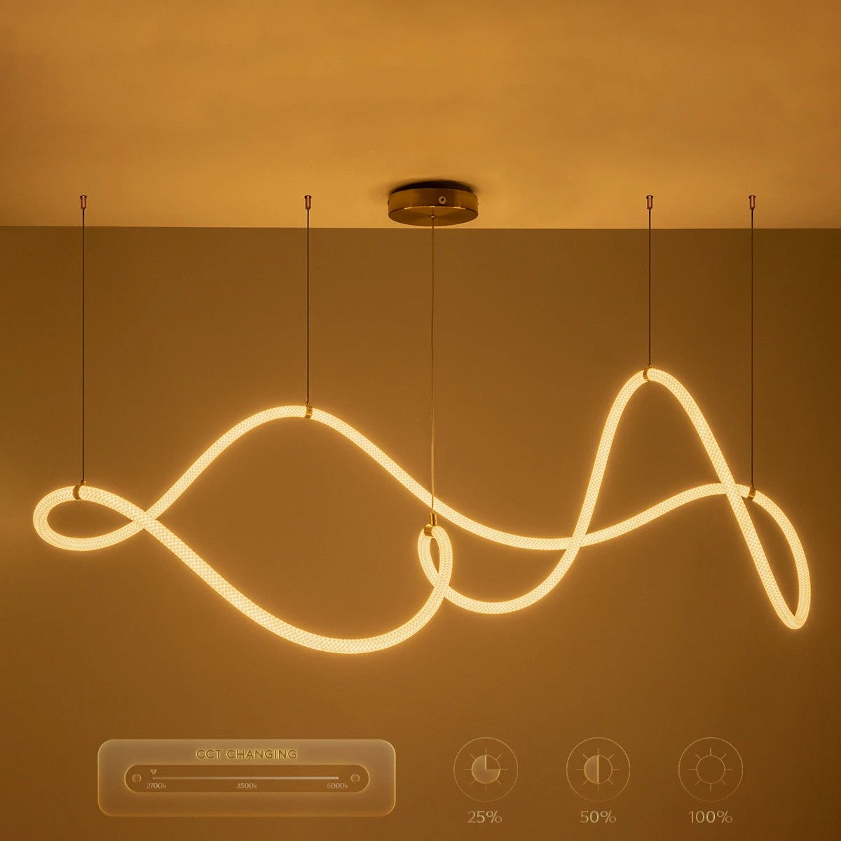 GLOW KLV-101-0157 Κρεμαστό Φωτιστικό Οροφής LED 65W 6500lm 360° AC 220-240V IP20 Ρυθμιζόμενο Λευκό CCT με Χειριστήριο από 2700K έως 6000K Dimmable - Lumileds SMD Chip - Σατινέ Χρυσό Βούρτσας - Μ150 x Π70 x Υ90