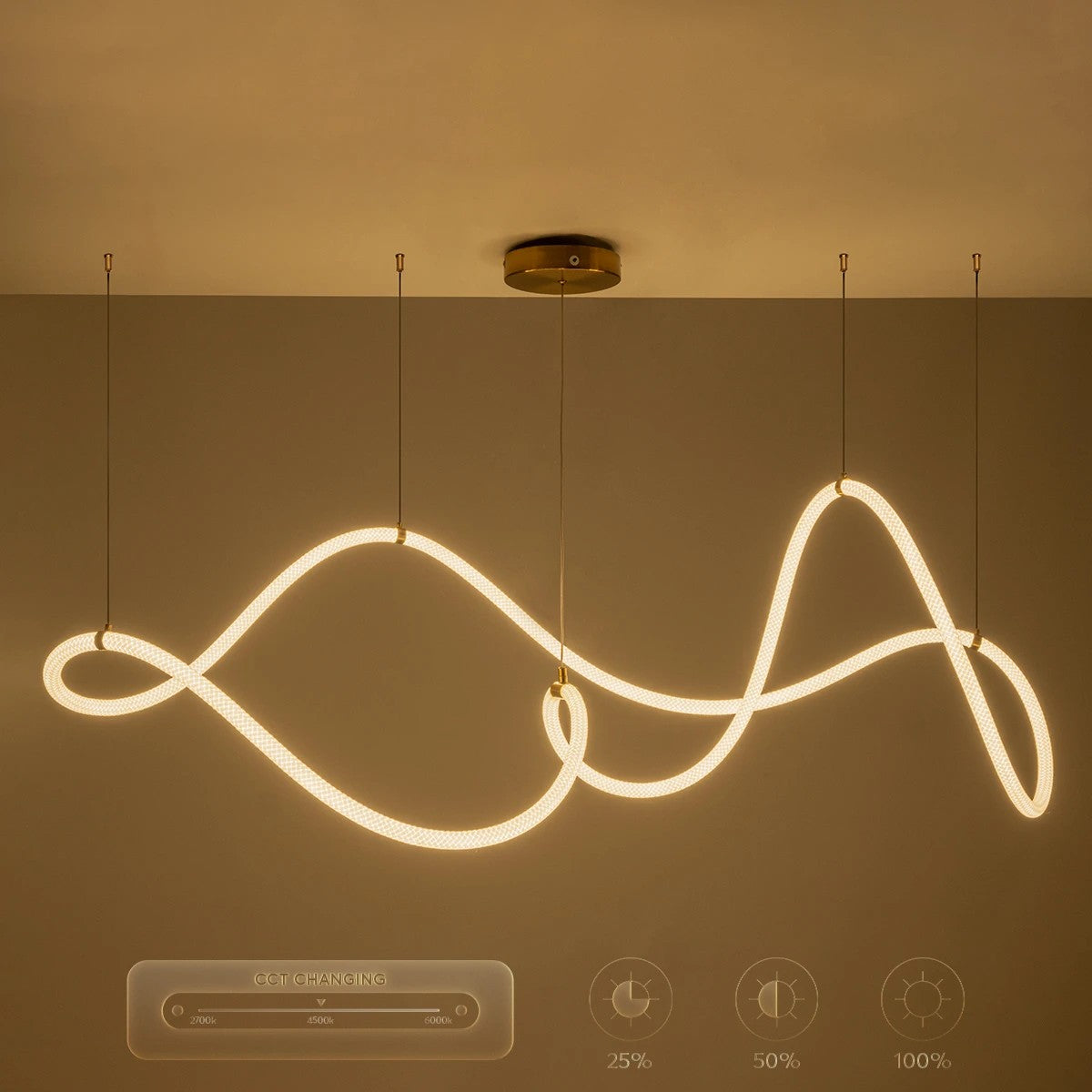 GLOW KLV-101-0157 Κρεμαστό Φωτιστικό Οροφής LED 65W 6500lm 360° AC 220-240V IP20 Ρυθμιζόμενο Λευκό CCT με Χειριστήριο από 2700K έως 6000K Dimmable - Lumileds SMD Chip - Σατινέ Χρυσό Βούρτσας - Μ150 x Π70 x Υ90
