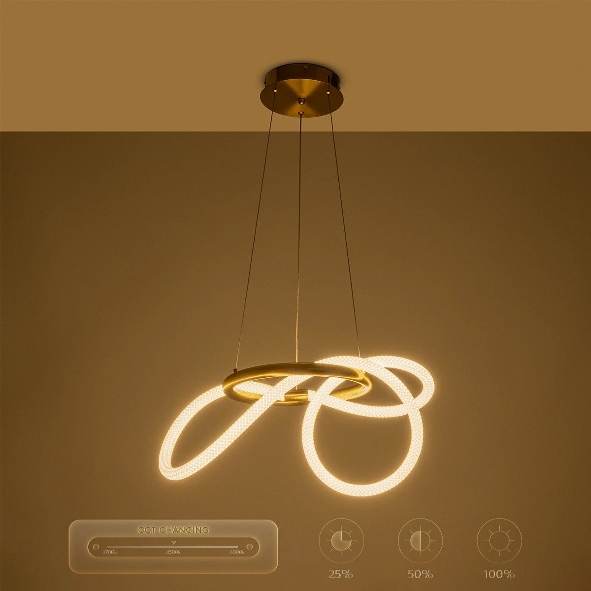 GLOW KLV-101-0161 Κρεμαστό Φωτιστικό Οροφής LED 30W 3000lm 360° AC 220-240V IP20 Ρυθμιζόμενο Λευκό CCT με Χειριστήριο από 2700K έως 6000K Dimmable - Lumileds SMD Chip - Χρυσό Πλατίνα - Μ40 x Π40 x Υ30