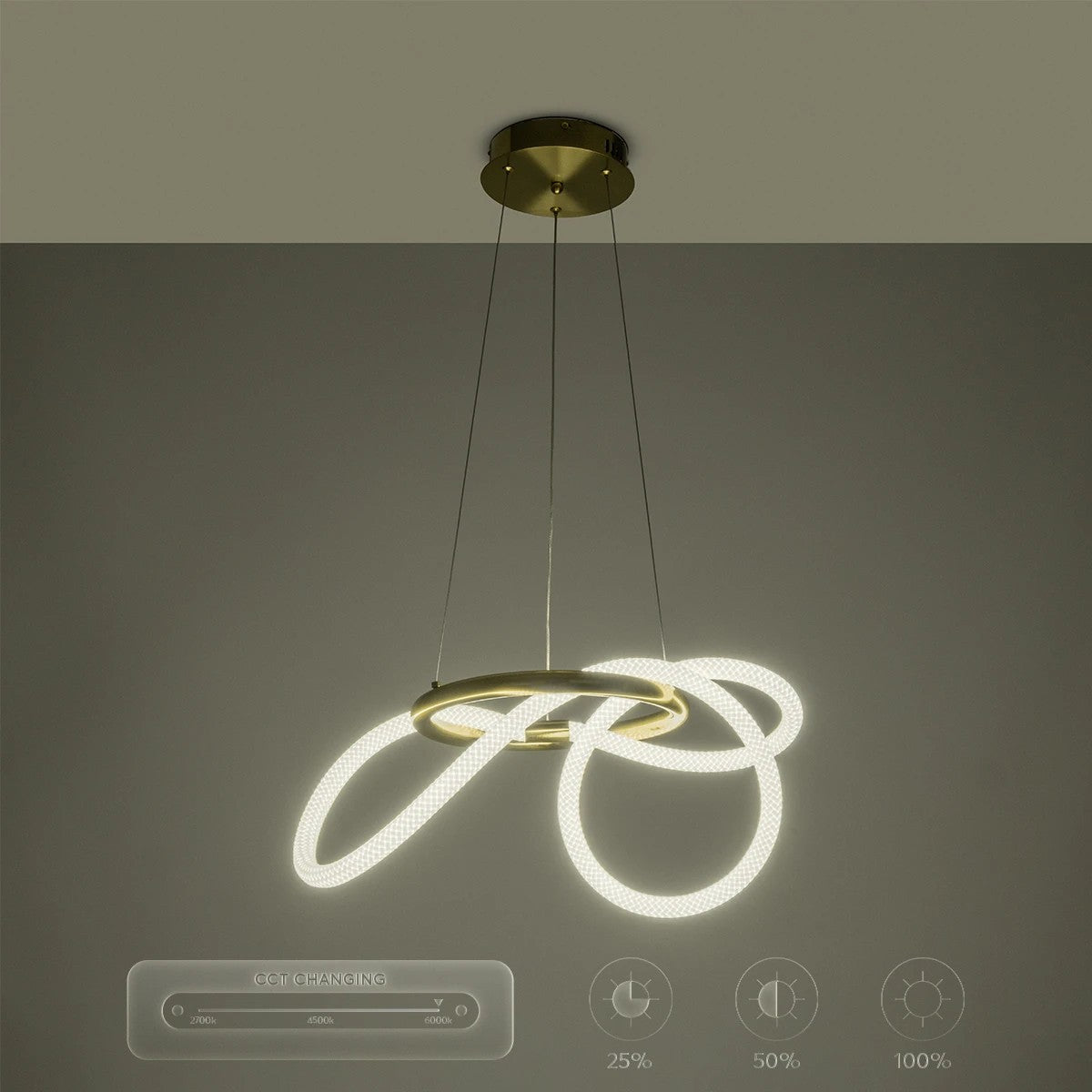 GLOW KLV-101-0161 Κρεμαστό Φωτιστικό Οροφής LED 30W 3000lm 360° AC 220-240V IP20 Ρυθμιζόμενο Λευκό CCT με Χειριστήριο από 2700K έως 6000K Dimmable - Lumileds SMD Chip - Χρυσό Πλατίνα - Μ40 x Π40 x Υ30