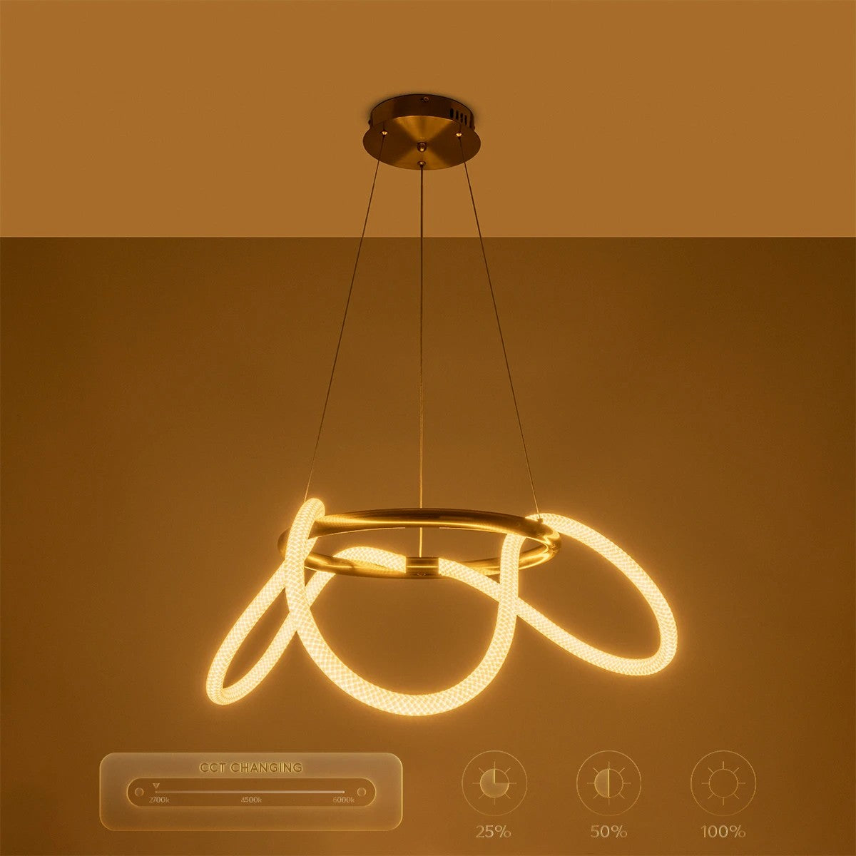 GLOW KLV-101-0162 Κρεμαστό Φωτιστικό Οροφής LED 36W 3600lm 360° AC 220-240V IP20 Ρυθμιζόμενο Λευκό CCT με Χειριστήριο από 2700K έως 6000K Dimmable - Lumileds SMD Chip - Χρυσό Πλατίνα - Μ70 x Π70 x Υ40