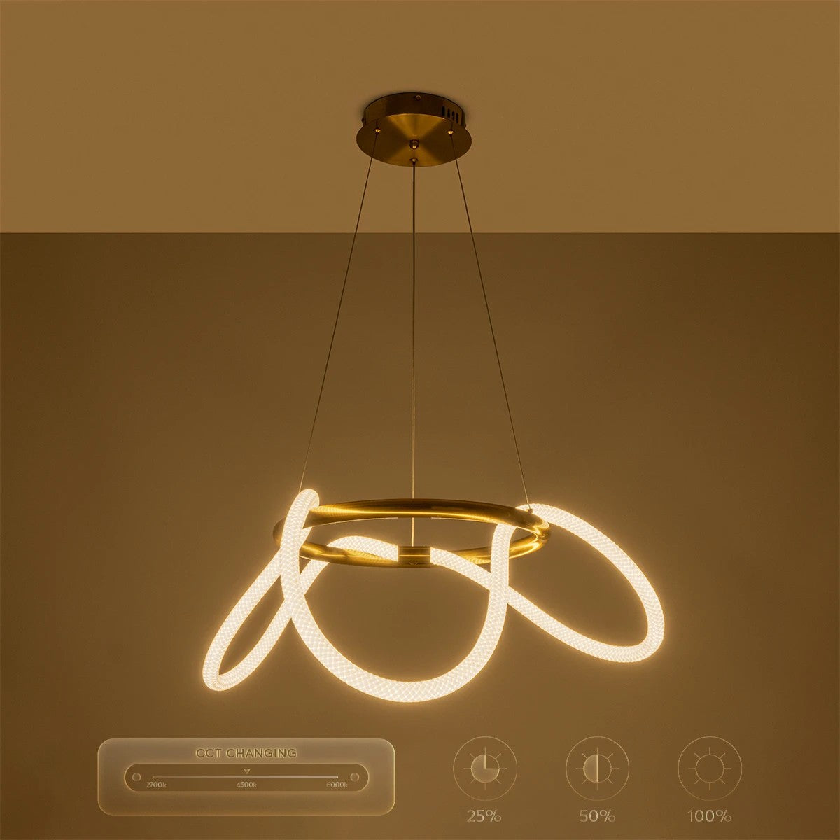 GLOW KLV-101-0162 Κρεμαστό Φωτιστικό Οροφής LED 36W 3600lm 360° AC 220-240V IP20 Ρυθμιζόμενο Λευκό CCT με Χειριστήριο από 2700K έως 6000K Dimmable - Lumileds SMD Chip - Χρυσό Πλατίνα - Μ70 x Π70 x Υ40