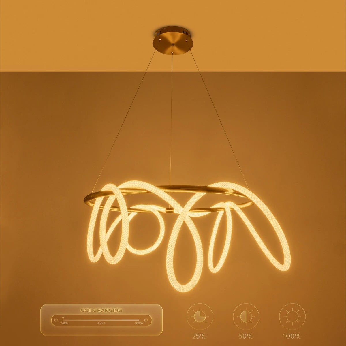 GLOW KLV-101-0164 Κρεμαστό Φωτιστικό Οροφής LED 69W 6900lm 360° AC 220-240V IP20 Ρυθμιζόμενο Λευκό CCT με Χειριστήριο από 2700K έως 6000K Dimmable - Lumileds SMD Chip - Χρυσό Πλατίνα - Μ100 x Π100 x Υ40