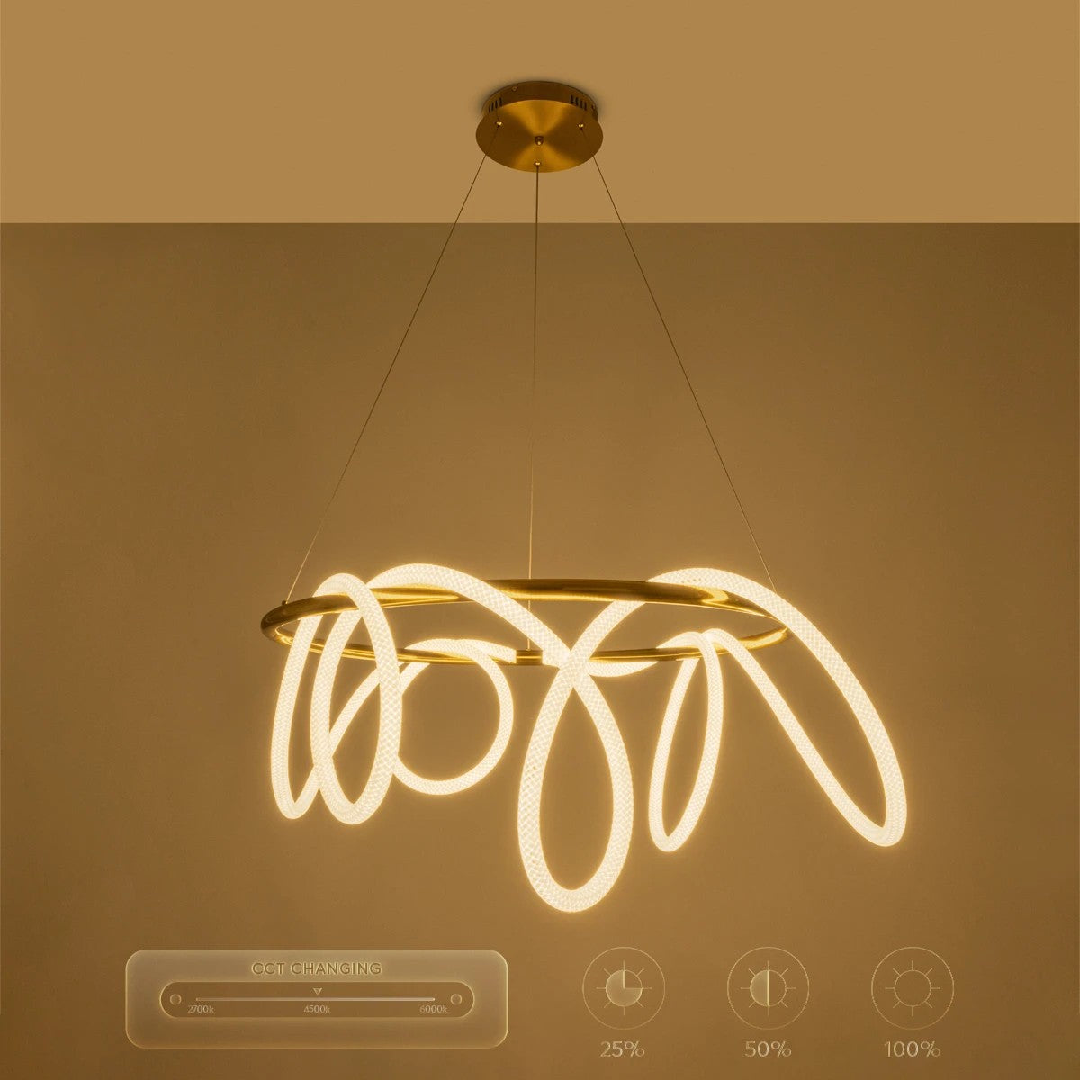 GLOW KLV-101-0164 Κρεμαστό Φωτιστικό Οροφής LED 69W 6900lm 360° AC 220-240V IP20 Ρυθμιζόμενο Λευκό CCT με Χειριστήριο από 2700K έως 6000K Dimmable - Lumileds SMD Chip - Χρυσό Πλατίνα - Μ100 x Π100 x Υ40