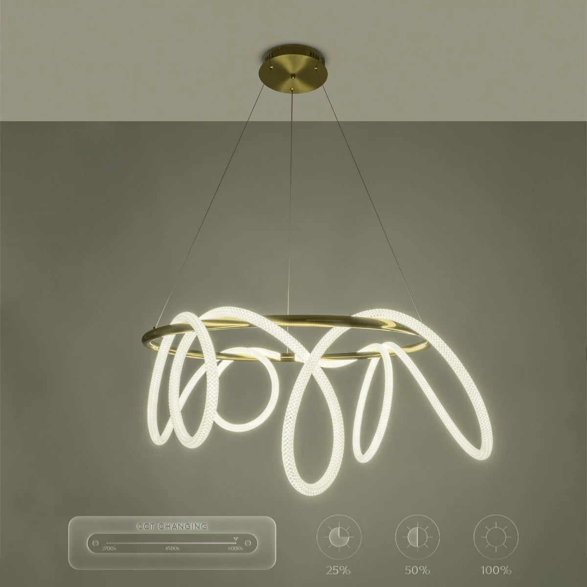 GLOW KLV-101-0164 Κρεμαστό Φωτιστικό Οροφής LED 69W 6900lm 360° AC 220-240V IP20 Ρυθμιζόμενο Λευκό CCT με Χειριστήριο από 2700K έως 6000K Dimmable - Lumileds SMD Chip - Χρυσό Πλατίνα - Μ100 x Π100 x Υ40