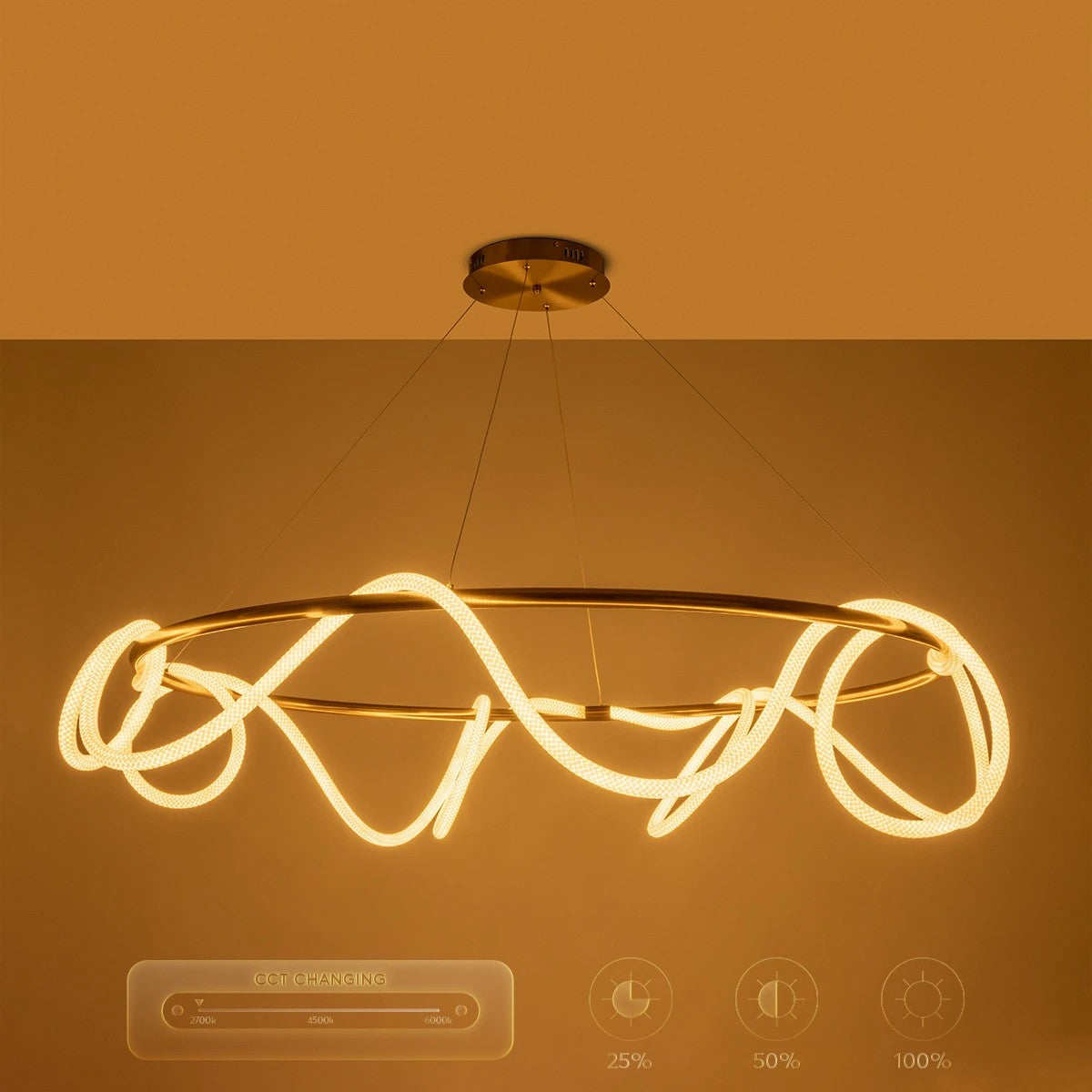 GLOW KLV-101-0165 Κρεμαστό Φωτιστικό Οροφής LED 100W 10000lm 360° AC 220-240V IP20 Ρυθμιζόμενο Λευκό CCT με Χειριστήριο από 2700K έως 6000K Dimmable - Lumileds SMD Chip - Χρυσό Πλατίνα - Μ150 x Π150 x Υ100