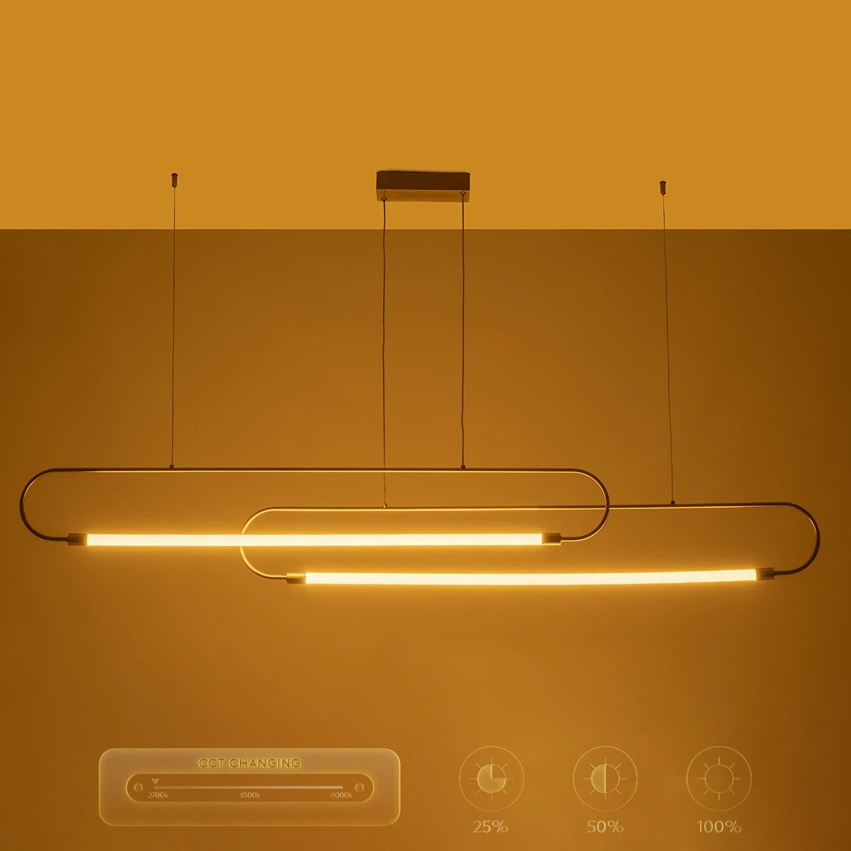 GLOW KLV-101-0178 Κρεμαστό Φωτιστικό Οροφής LED 28W 2800lm 360° AC 220-240V IP20 Ρυθμιζόμενο Λευκό CCT με Χειριστήριο από 2700K έως 6000K Dimmable - Lumileds SMD Chip - Χρυσό Πλατίνα - Μ167 x Π7 x Υ24