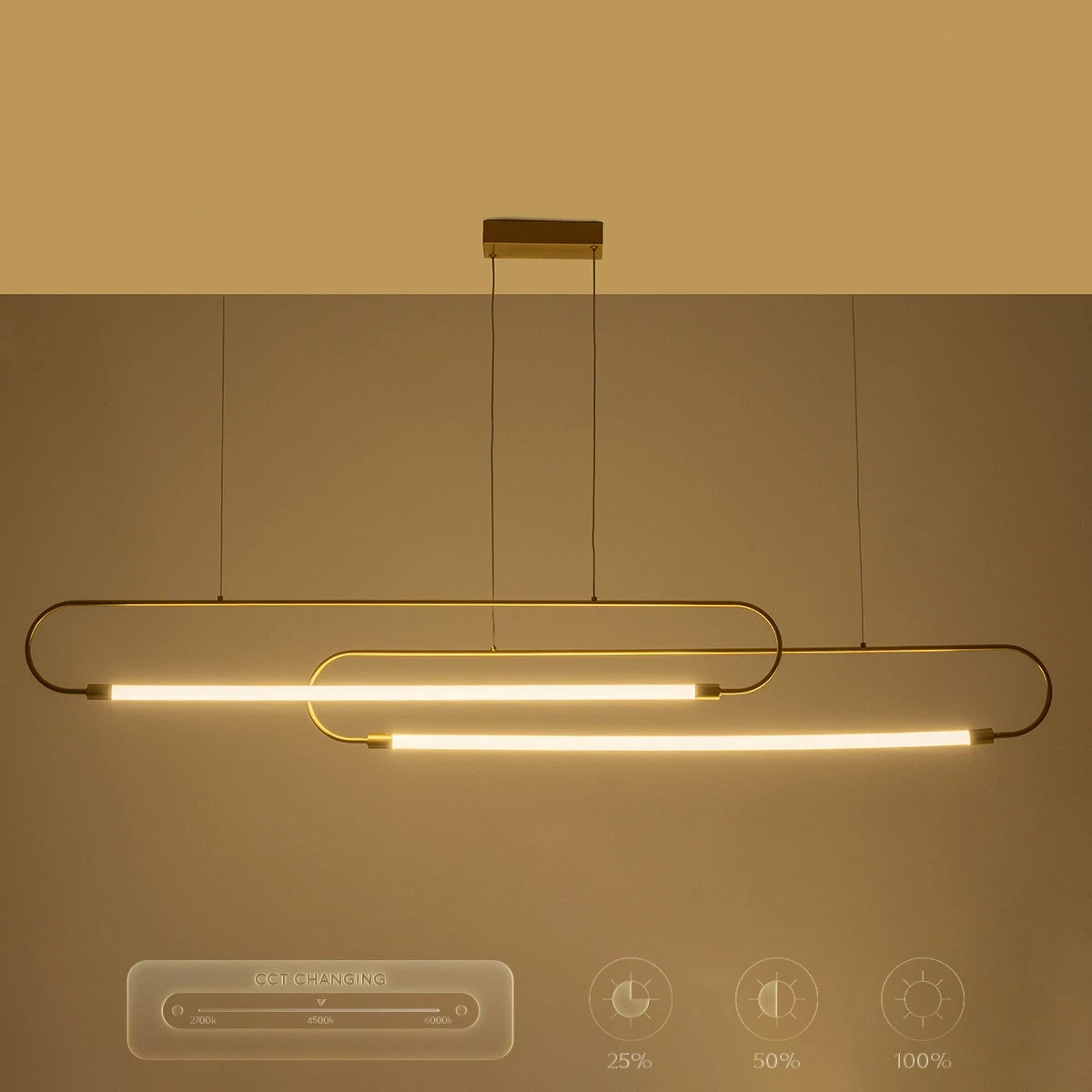 GLOW KLV-101-0178 Κρεμαστό Φωτιστικό Οροφής LED 28W 2800lm 360° AC 220-240V IP20 Ρυθμιζόμενο Λευκό CCT με Χειριστήριο από 2700K έως 6000K Dimmable - Lumileds SMD Chip - Χρυσό Πλατίνα - Μ167 x Π7 x Υ24