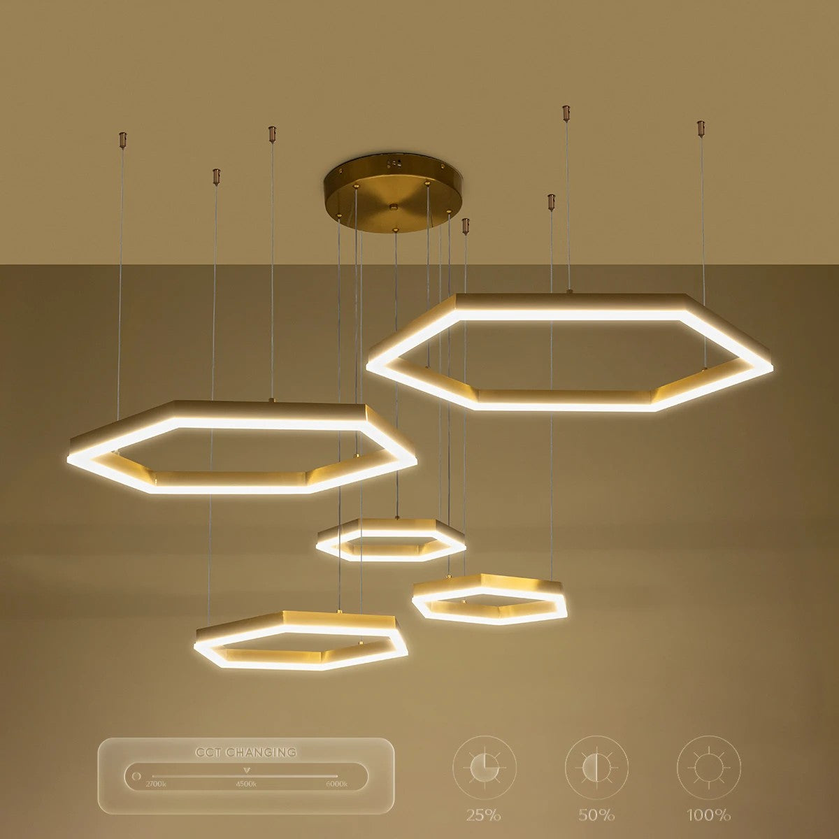 LEXAGON KLV-101-0180 Κρεμαστό Φωτιστικό Οροφής LED 120W 12000lm 200° AC 220-240V IP20 Ρυθμιζόμενο Λευκό CCT με Χειριστήριο από 2700K έως 6000K Dimmable - Lumileds SMD Chip - Χρυσό Πλατίνα - Μ110 x Π90 x Υ110